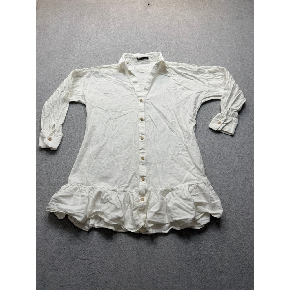 Zara White Linen Blend Ruffle Hem Button Down Shirt Dress Long Sleeve Small